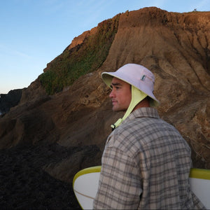 pink and yellow with chin strap surf bucket hat