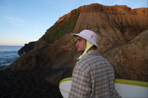 pink and yellow with chin strap surf bucket hat